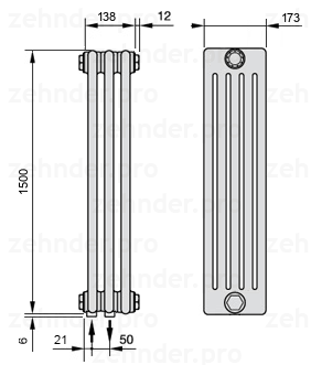 Схема (чертеж) Радиатор Zehnder Charleston 5150/3 №3370 Белый глянцевый RAL 9016
